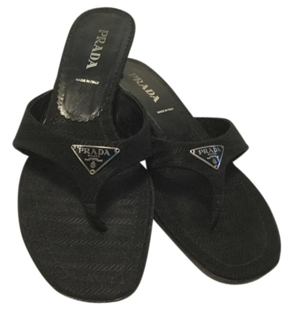 Prada Black Italian LogoEmblem Thong Sandals