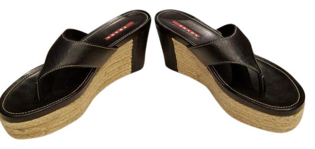 Prada Black Leather and Cork Wedge Thongs Sandals