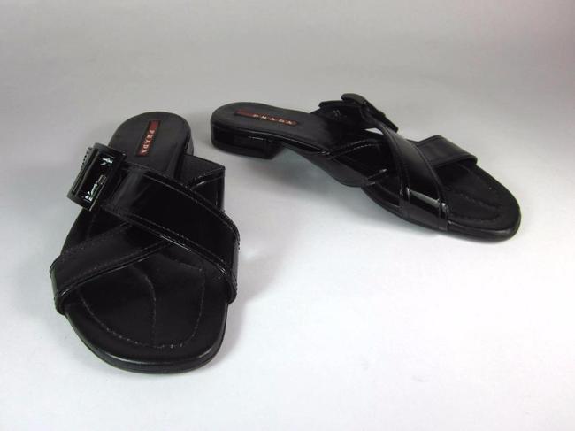 Prada Black LeatherLogo Buckle Sz: M FlatsSandals