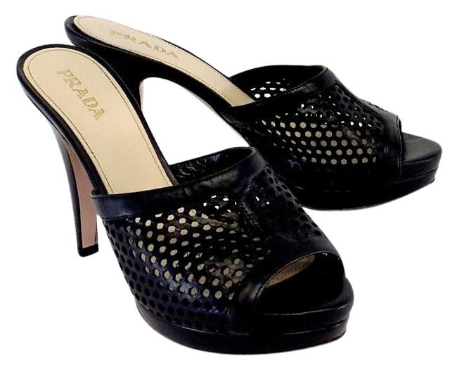 Prada Black Leather Hexagon Cut Out Slip On Heels Sandals
