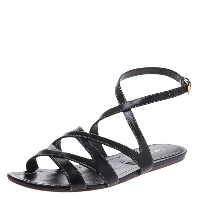 Prada Black Leather Strappy Ankle Strap Flat Sandals