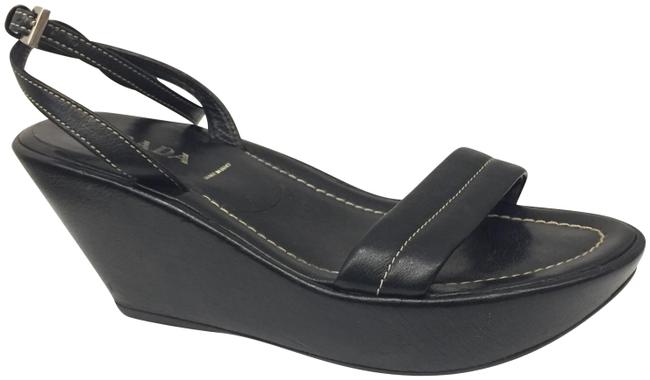 Prada Black Leather Wedge Sandals