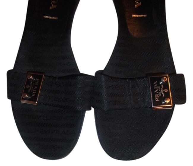 Prada Black Logo Canvas and Leather Slides Sandals