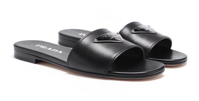 Prada Black Logo Leather Flat Sandals