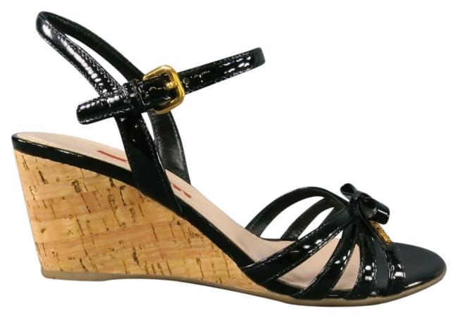 Prada Black Patent Cork Wedge Sandals