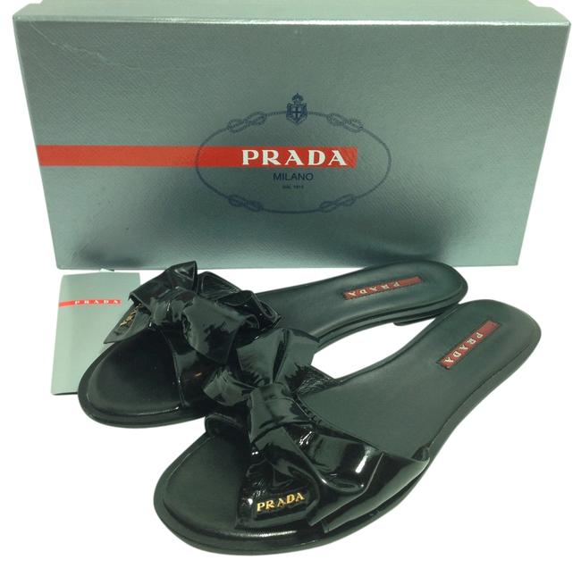 Prada Black Patent Leather Bow Slide Sandals