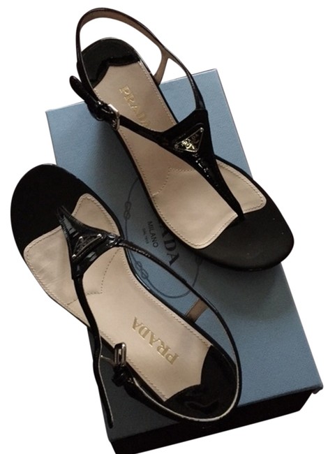 Prada Black Patent Leather Buckled Logo Flat Sandals