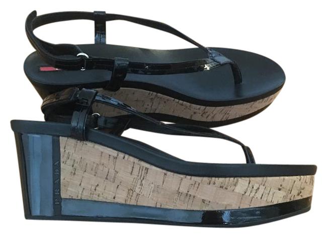 Prada Black Patent Leather Cork Wedge Sandals