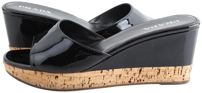 Prada Black Patent Leather Cork Wedge Slide Sandals