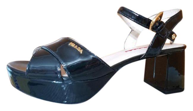 Prada Black Patent Leather Crisscross Platform Sandals