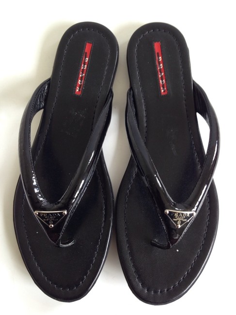 Prada Black Patent Leather Logo Thong Sandals