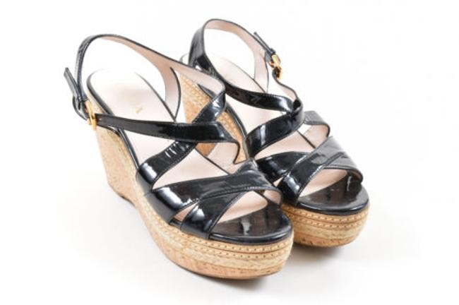 Prada Black Patent Leather Tan Braided Jute Espadrille Cork Wedge Sandals