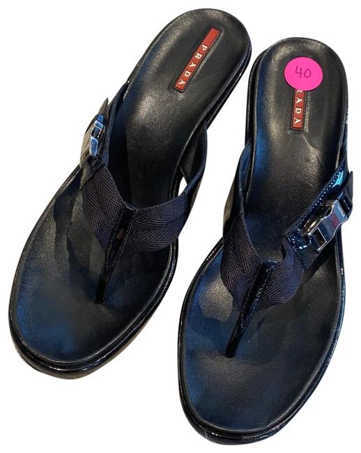 Prada Black Patent Wedge Sandals