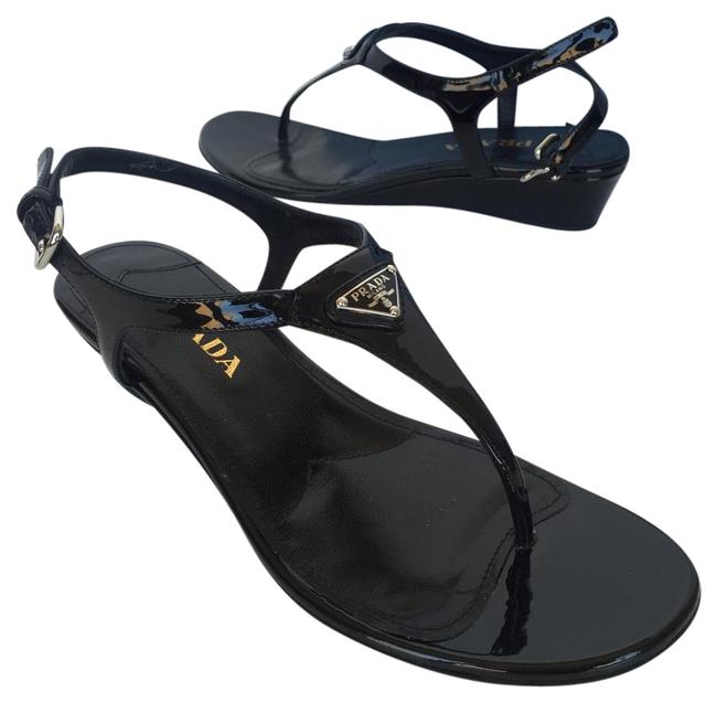 Prada Black Patent Wedge T strap 35mm Sandals