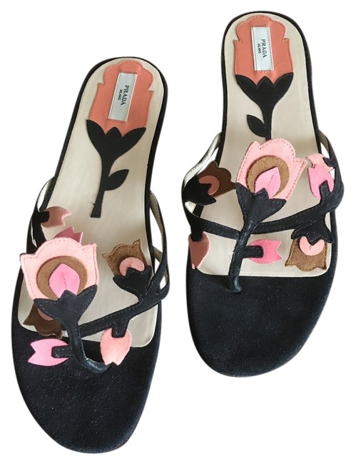 Prada Black Pink and Coral Tulip Floral Sandals