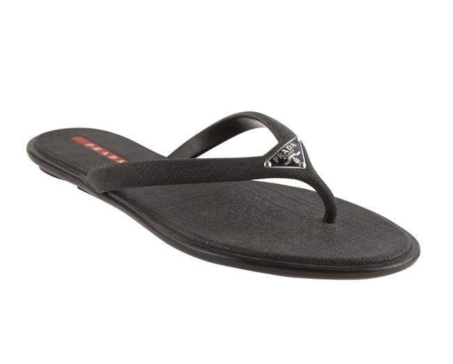 Prada Black Rubber Logo Thong Sandals
