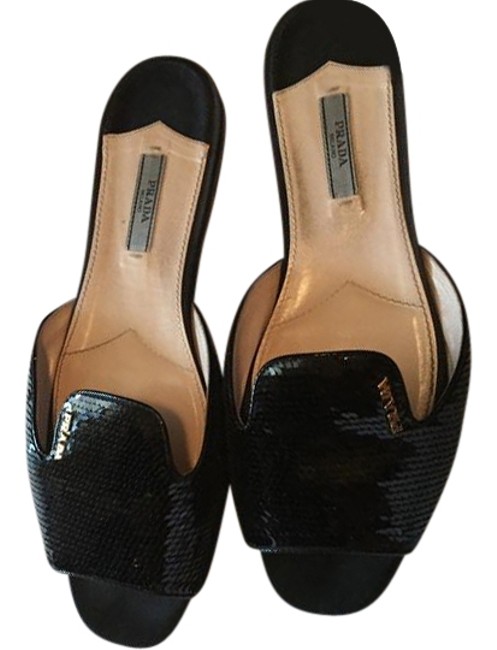 Prada Black Sequin Slides Euro Sandals