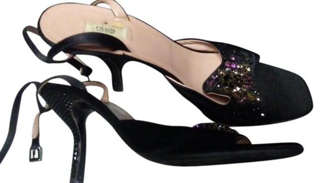 Prada Black Sexy Curved Heels Bedazzled Stones Sandals