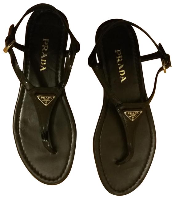 Prada Black Silver Metal Logo T Sandals