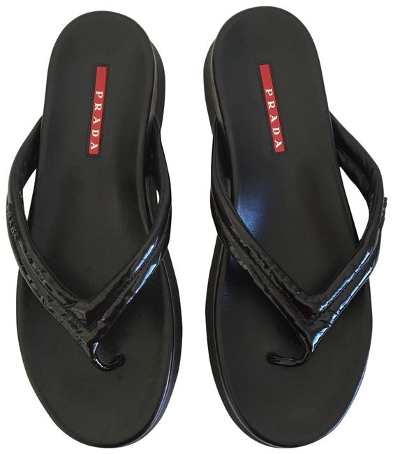 Prada Black Soft Patent Leather Sport Thong Sandals