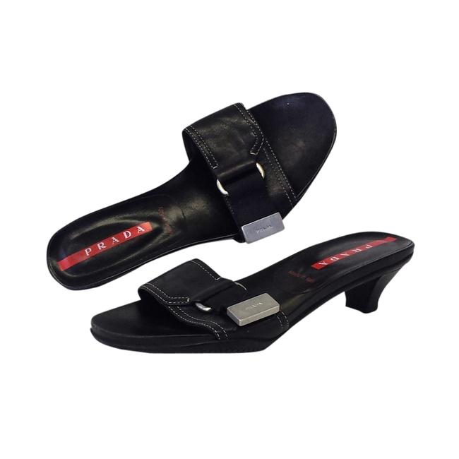 Prada Black Sport Leather Kitten Heel Slides Sandals