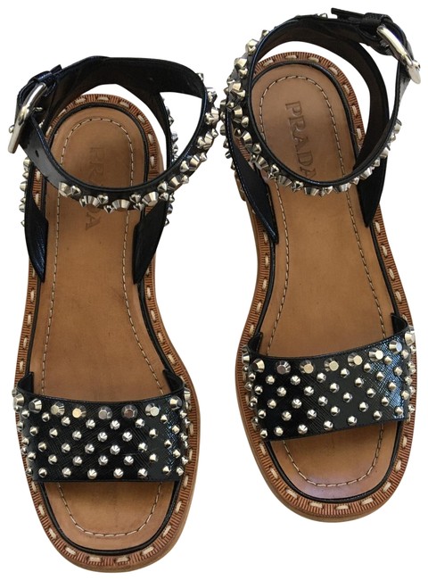 Prada Black Studded Wood Heel Sandals