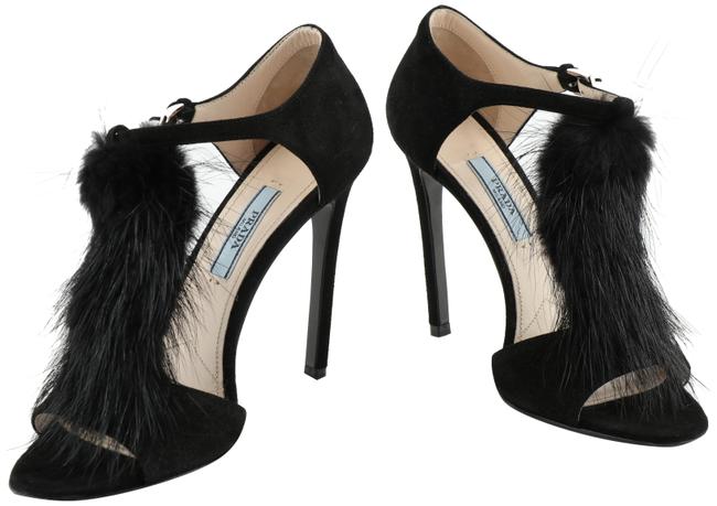 Prada Black Suede T strap Fur Sandals Narrow