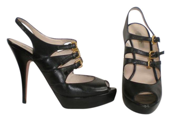 Prada Black Triple Buckle Strappy Peep Toe Sandals