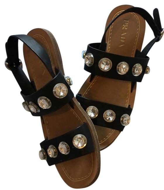 Prada Black W Leather WSwarovski Crystal Detail Sandals