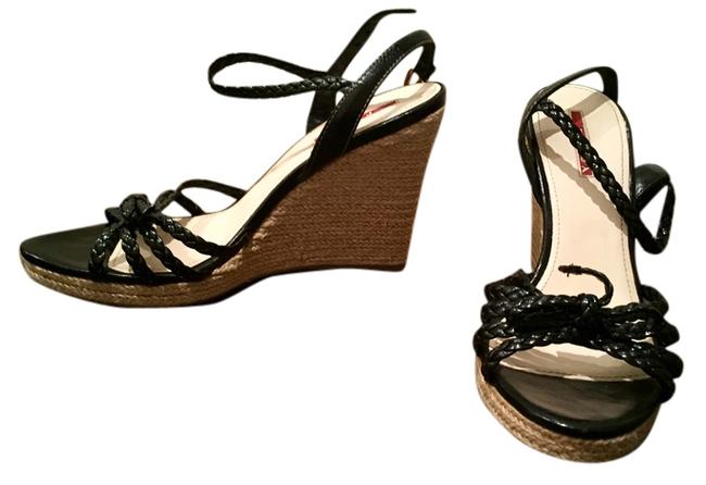 Prada Black Wedge Espadrille Braided Open Toe Bow Sandals