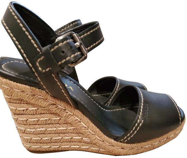 Prada Black Wedge Espadrilles Sandals