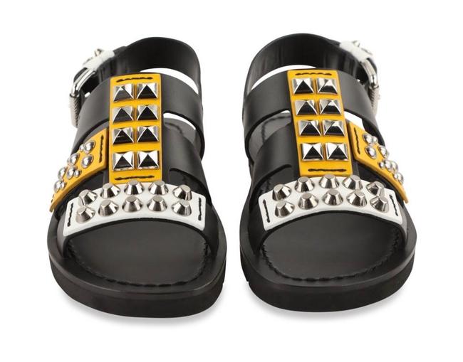 Prada BlackWhite Yellow Studded Strap Flat Sandals