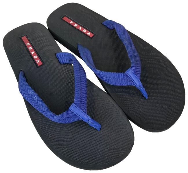 Prada Blue Canvas Rubber Mens Flip Flops Sandals