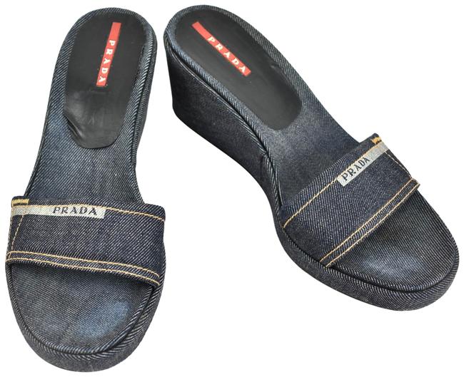 Prada Blue DenimLogo Wedge MulesHeels Sandals