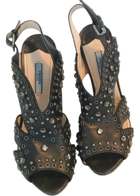 Prada Brown W 13917 Chunk Heels W Crystal Detail Sandals