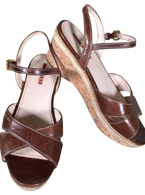 Prada Brown Cork Wedge Criss Cross Sandals