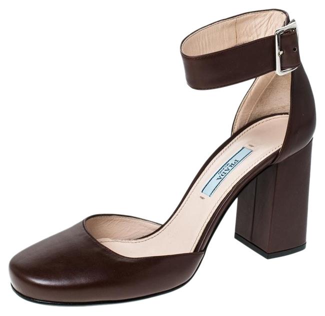 Prada Brown Leather Block Heel Ankle Strap 375 Sandals