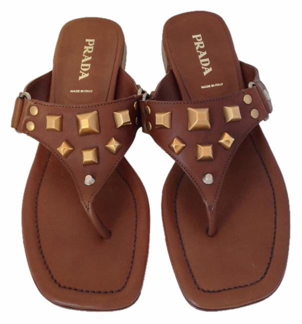 Prada Brown Leather Gold Grommet Sandals