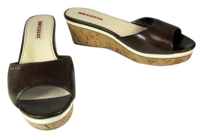 Prada Brown Leather LogoCork Sz: M Wedge Sandals