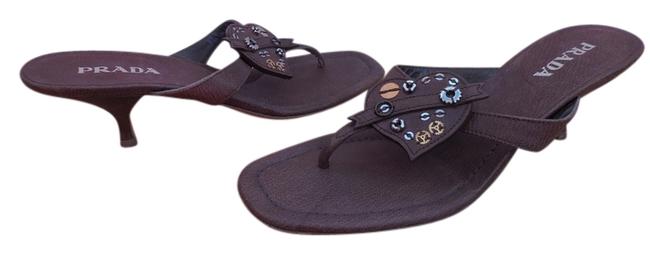 Prada Brown New Leather Thong with Heart Detail Sandals