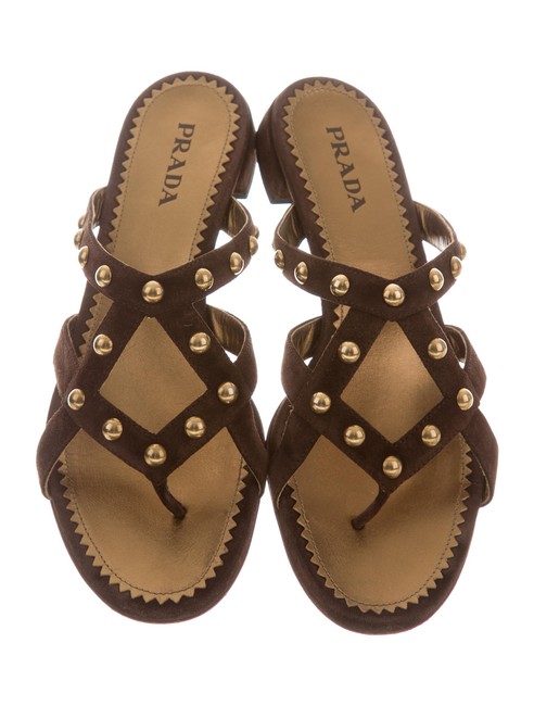 Prada Brown Scamosciato Studded Flats Sandals