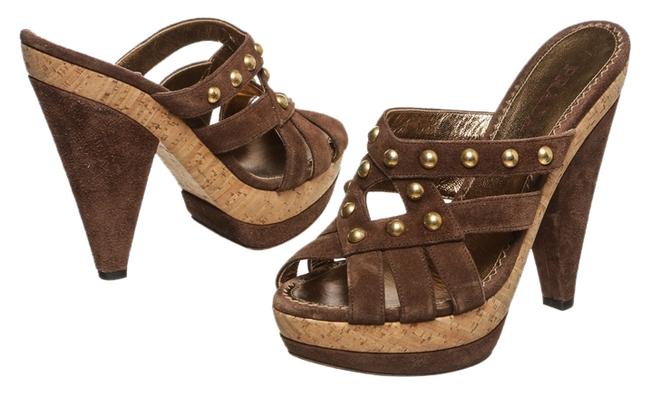 Prada Brown Suede and Cork Studded Strappy 375 Sandals