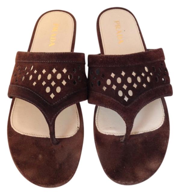 Prada Brown Suede Laser Cut Sandals