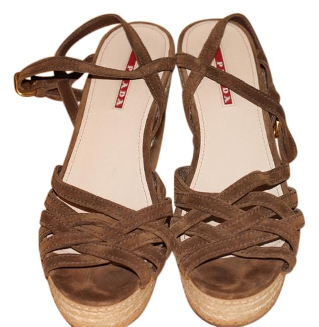 Prada Brown Suede Strappy Espadrilles Wedge Sandals