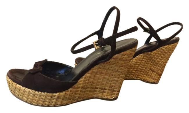Prada Brown Suede Woven Wedge Platform Sandals