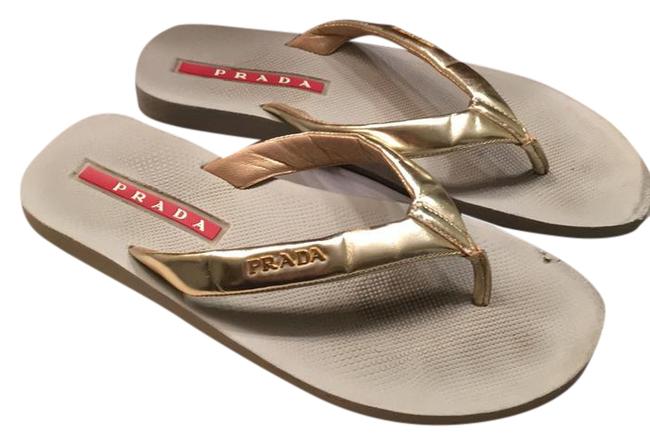 Prada Gold Beige Flip Flops Sandals