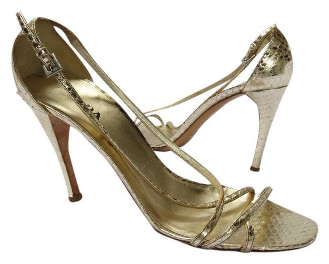 Prada Gold Metallic Snakeskin Print Leather Sandals