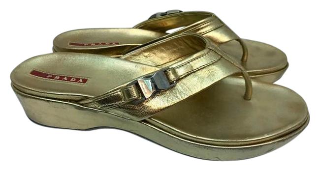 Prada Gold Sport Patent Leather T strap 38 Sandals