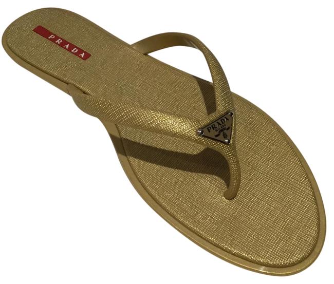 Prada Gold Sport Saffiano Flip Flops Sandals