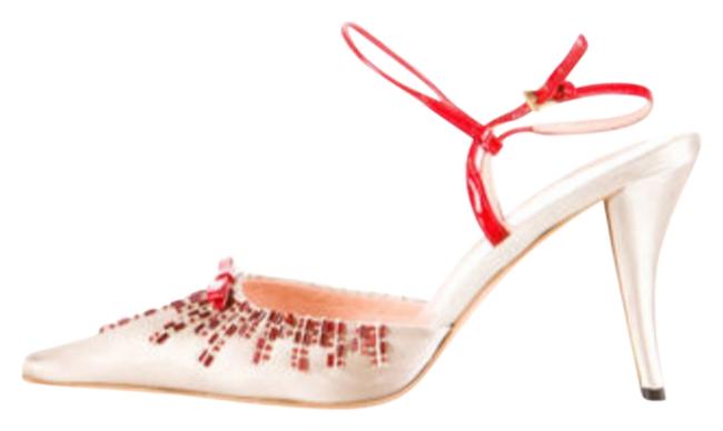 Prada Gray and Red Satin Slingback Pumps Sandals